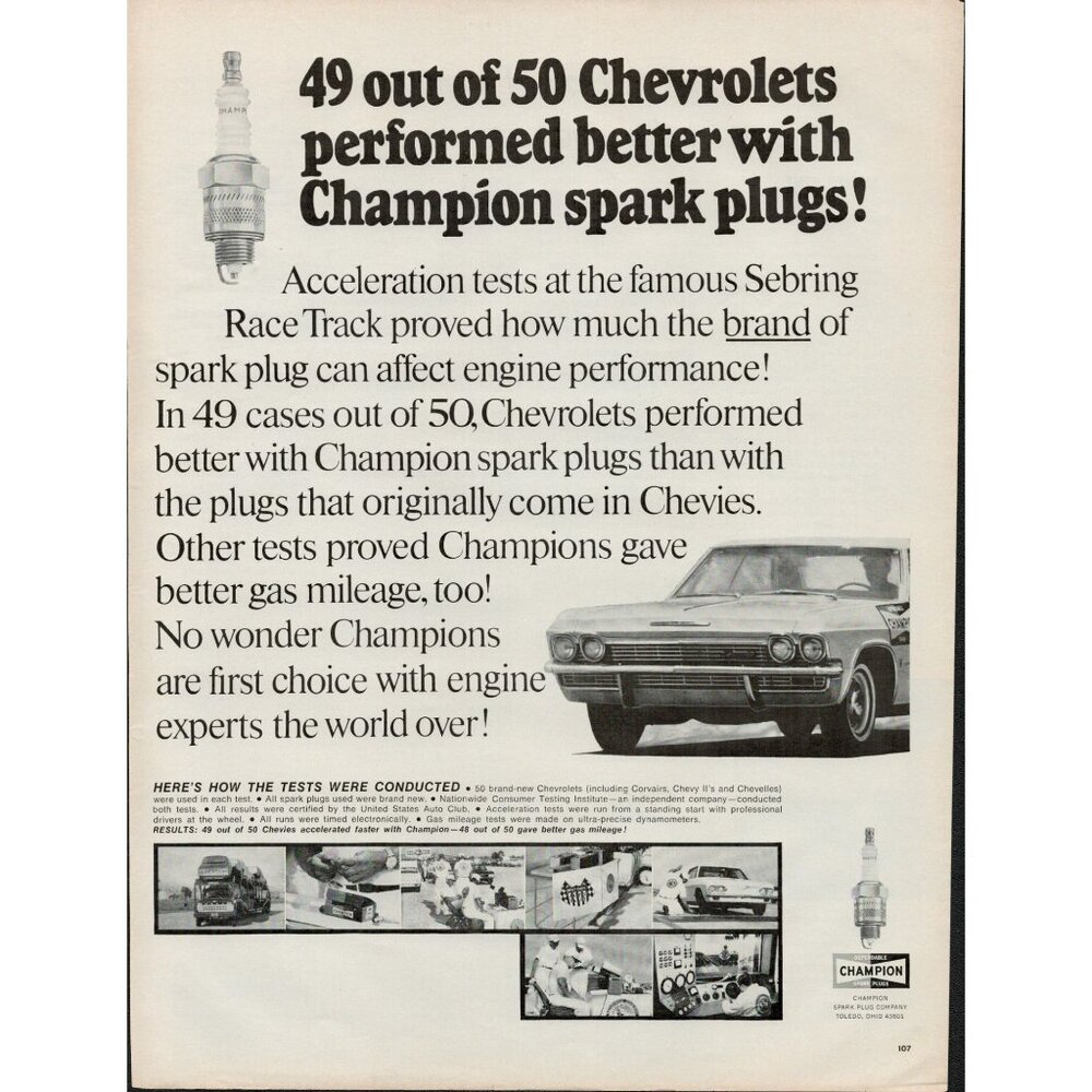 1966 Champion Spark Plug Company, Chevrolet Vintage Print Ad (L4)